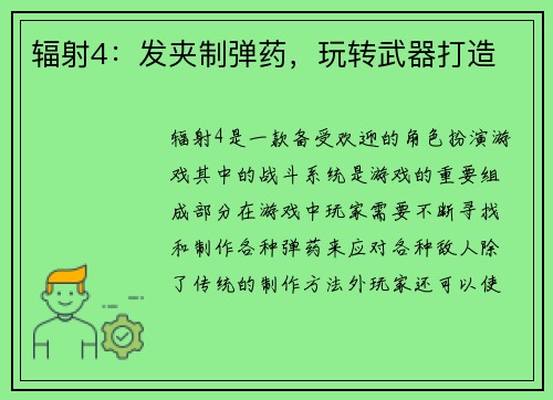 辐射4：发夹制弹药，玩转武器打造